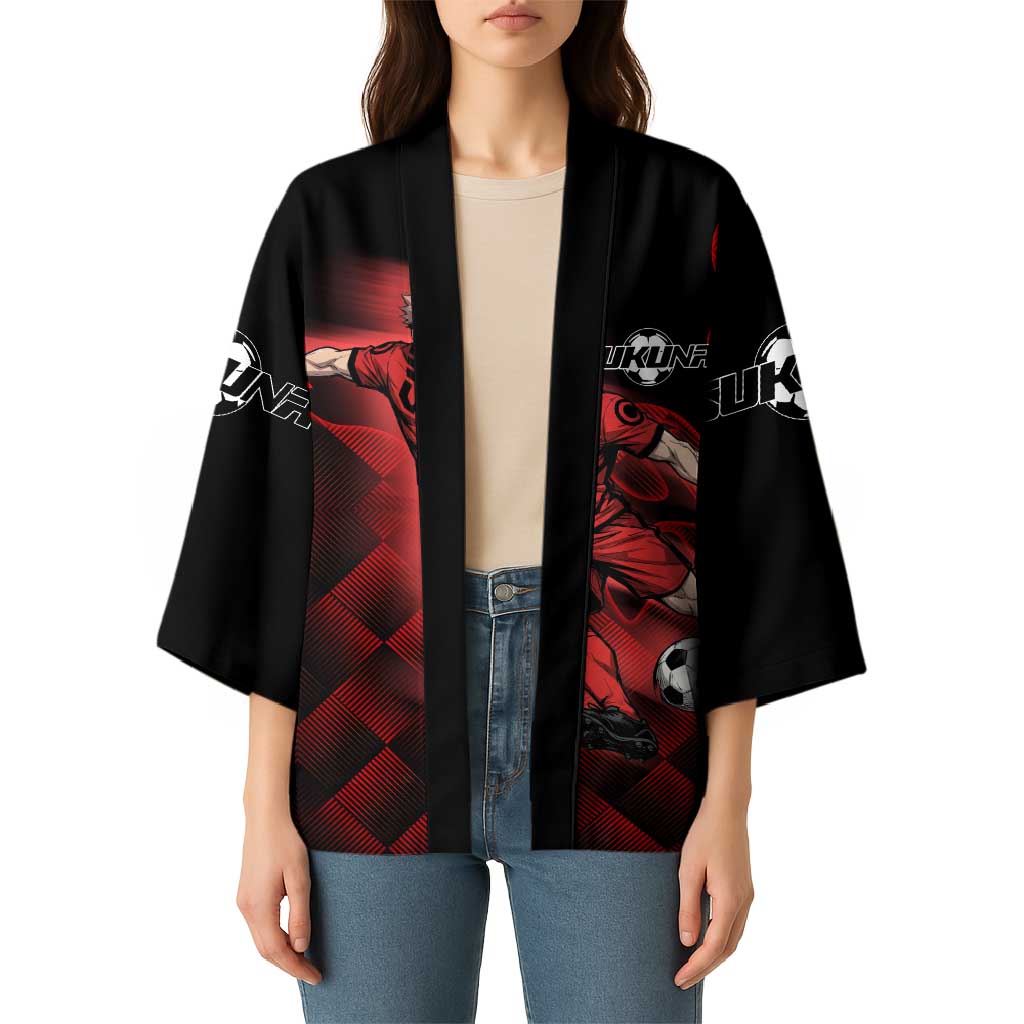 Personalized Sukuna Jujutsu Kaisen Soccer Theme Kimono with Powerful Kick Pose and Red Black Plaid Graphic Design - The Mazicc