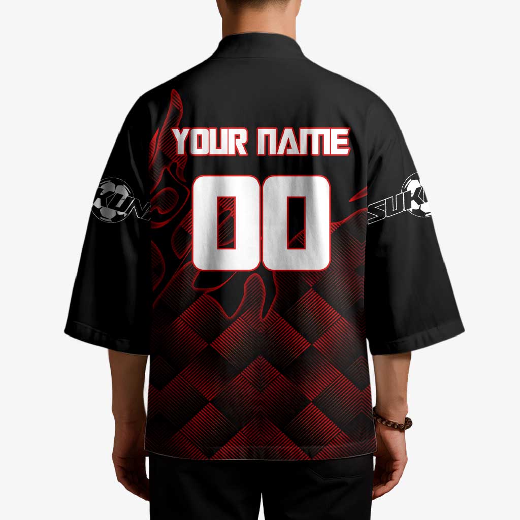 Personalized Sukuna Jujutsu Kaisen Soccer Theme Kimono with Powerful Kick Pose and Red Black Plaid Graphic Design - The Mazicc