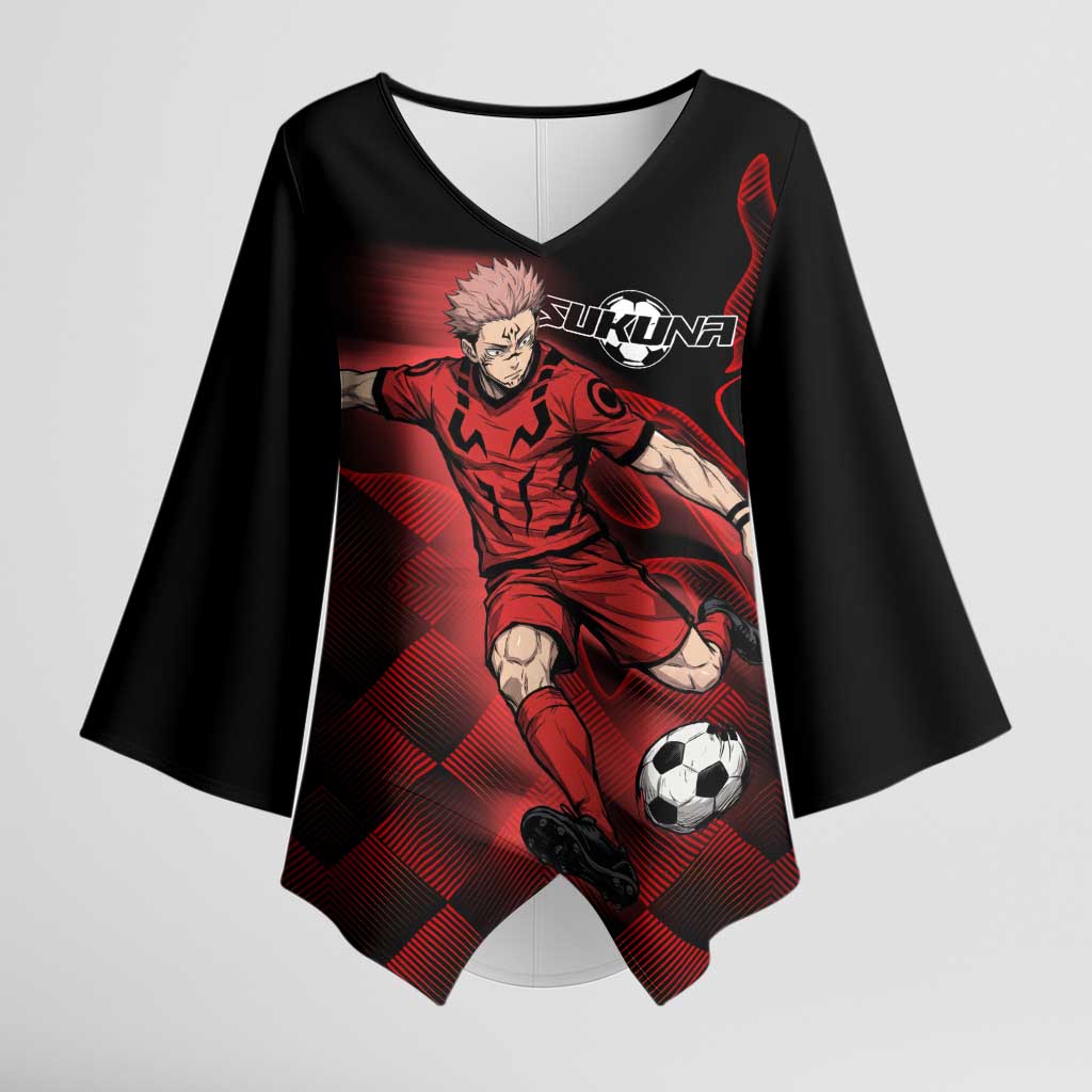 Personalized Sukuna Jujutsu Kaisen Soccer Theme Kimono Sleeve Blouse with Powerful Kick Pose and Red Black Plaid Graphic Design - The Mazicc