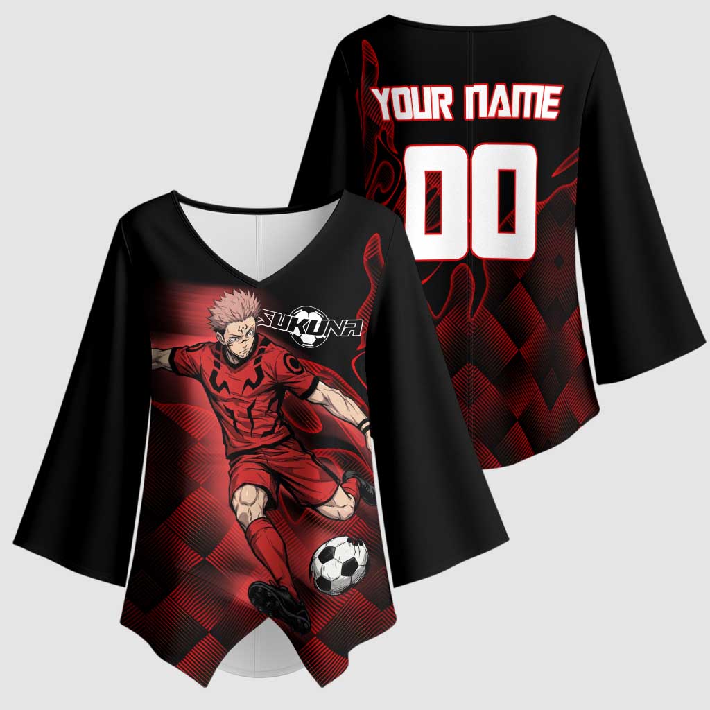 Personalized Sukuna Jujutsu Kaisen Soccer Theme Kimono Sleeve Blouse with Powerful Kick Pose and Red Black Plaid Graphic Design - The Mazicc