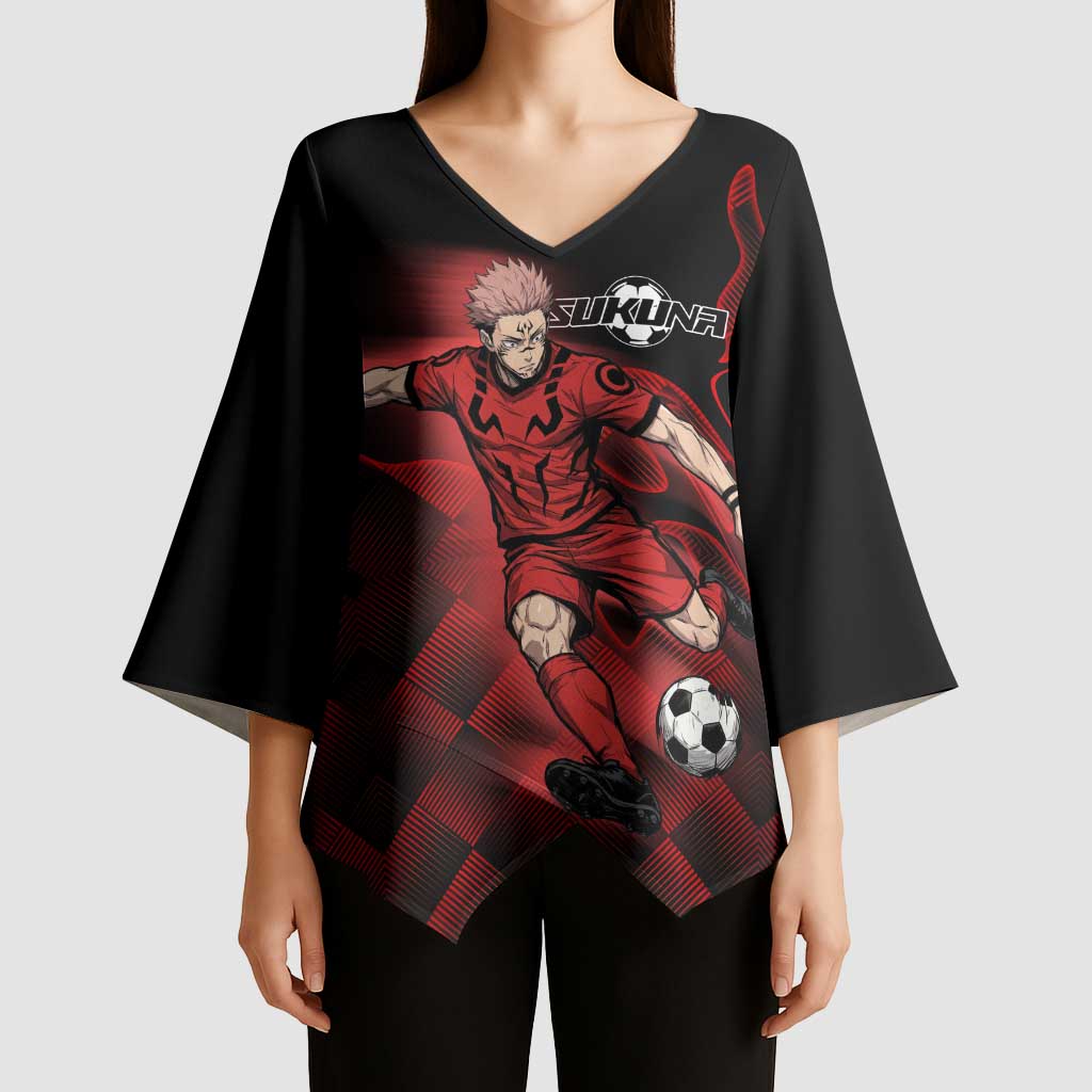 Personalized Sukuna Jujutsu Kaisen Soccer Theme Kimono Sleeve Blouse with Powerful Kick Pose and Red Black Plaid Graphic Design - The Mazicc