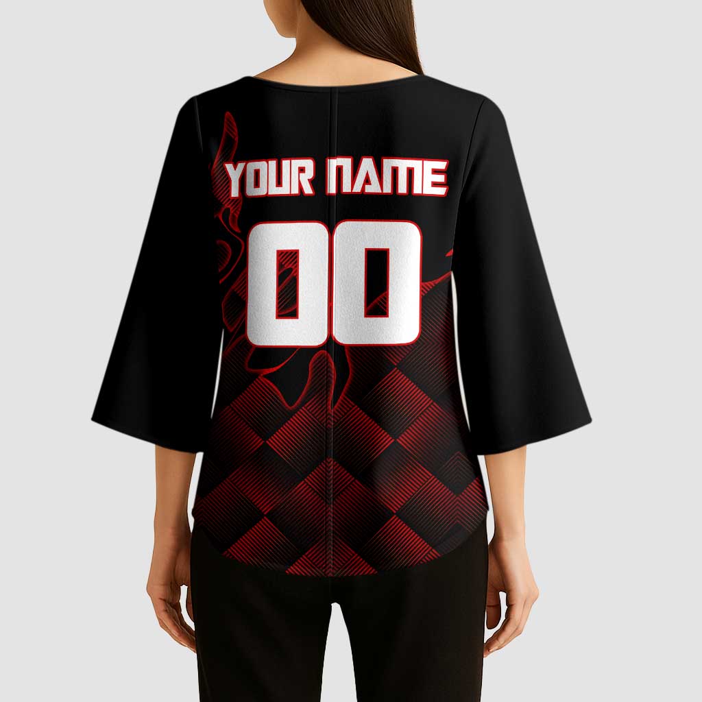 Personalized Sukuna Jujutsu Kaisen Soccer Theme Kimono Sleeve Blouse with Powerful Kick Pose and Red Black Plaid Graphic Design - The Mazicc