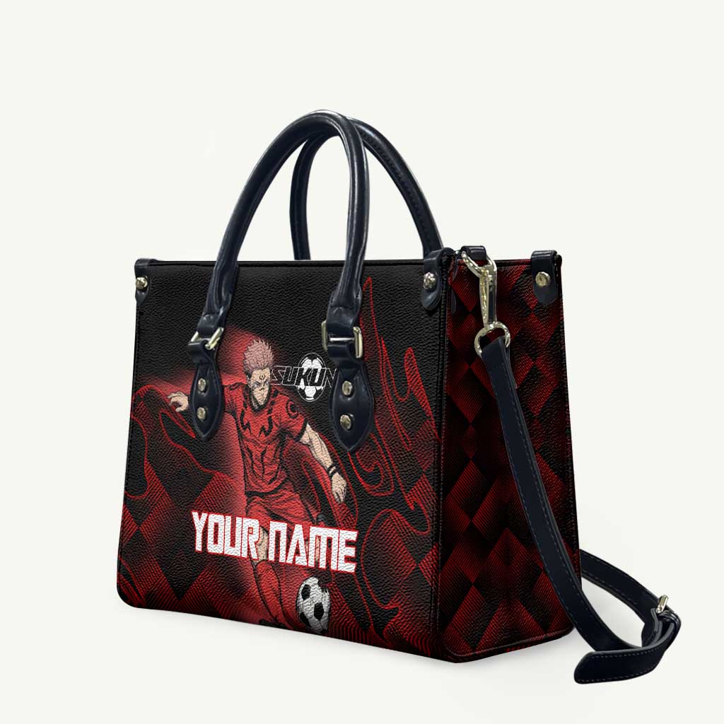 Personalized Sukuna Jujutsu Kaisen Soccer Theme Leather Bag with Powerful Kick Pose and Red Black Plaid Graphic Design - The Mazicc
