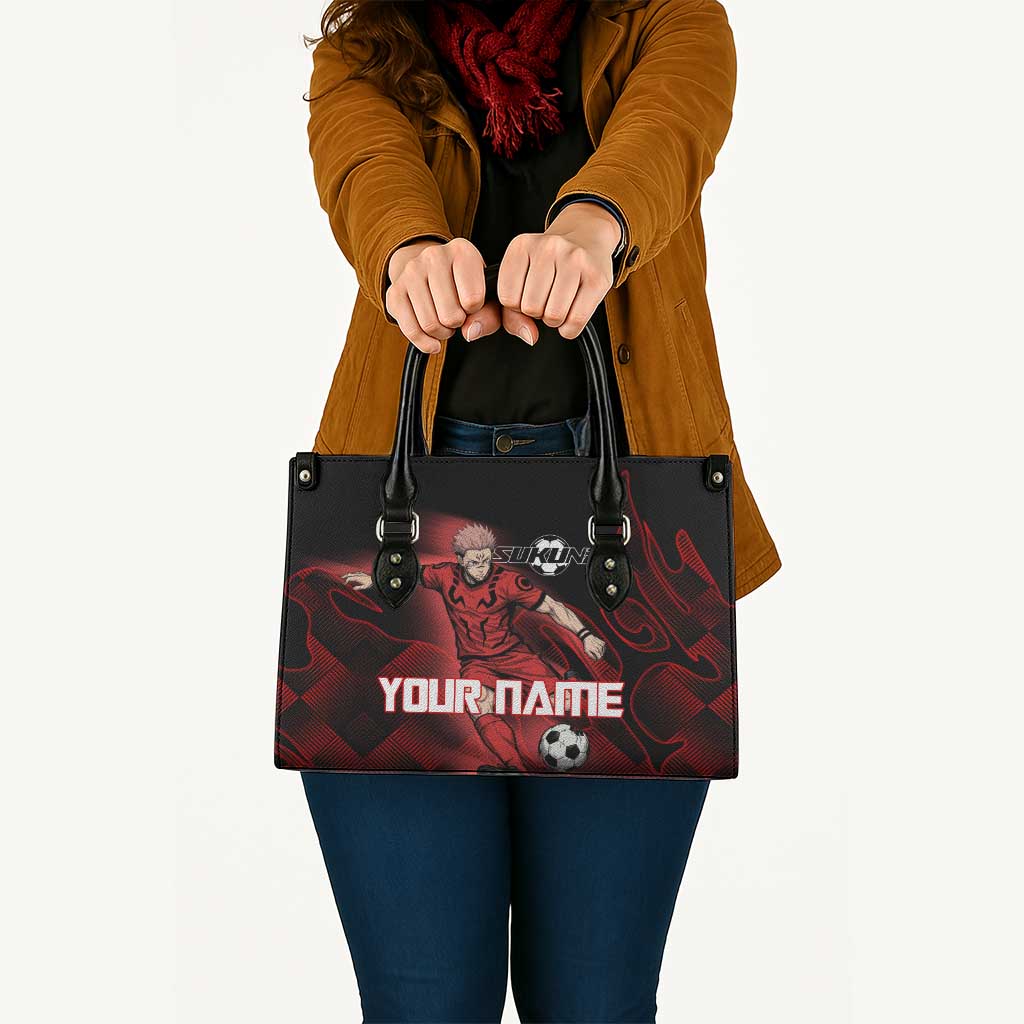 Personalized Sukuna Jujutsu Kaisen Soccer Theme Leather Bag with Powerful Kick Pose and Red Black Plaid Graphic Design - The Mazicc