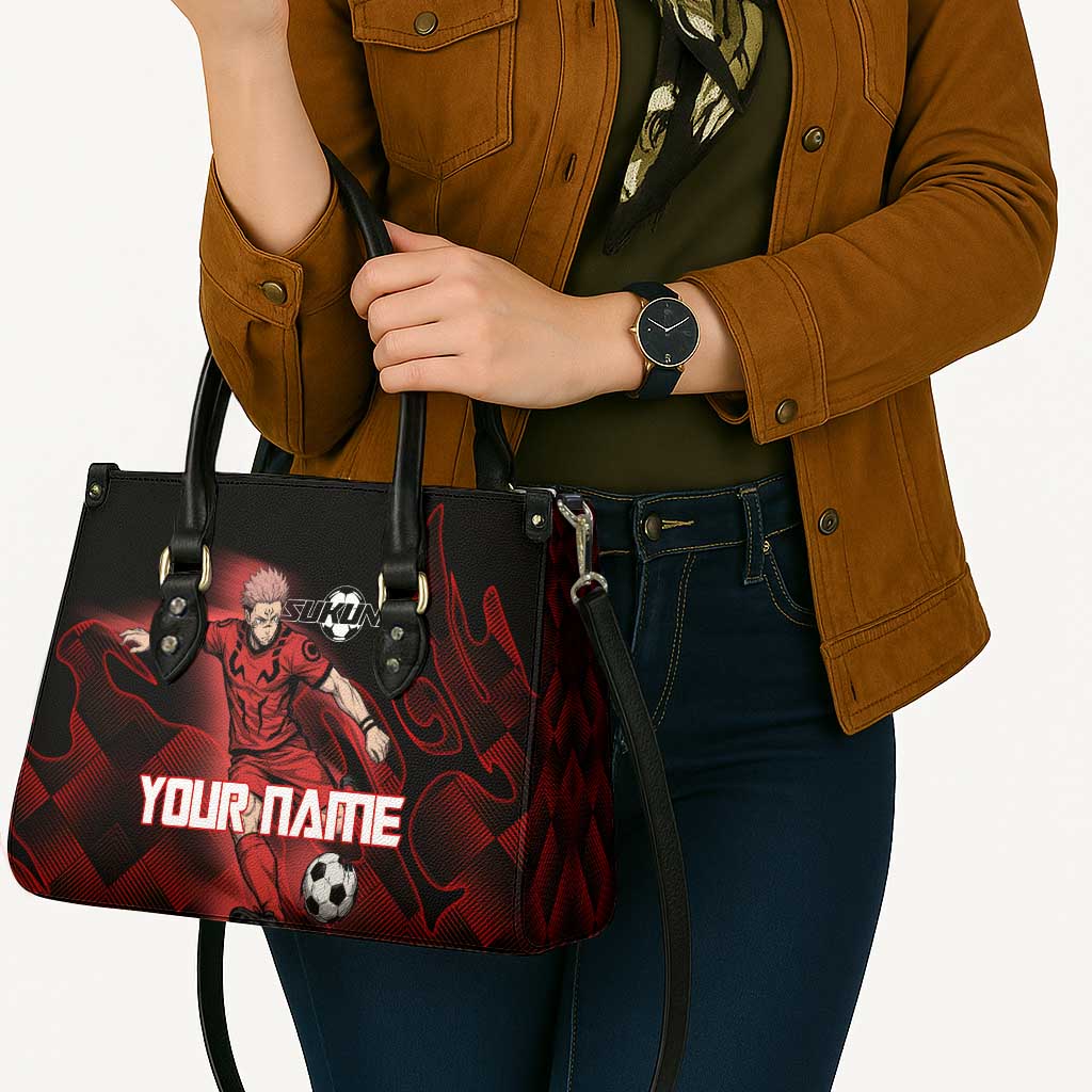 Personalized Sukuna Jujutsu Kaisen Soccer Theme Leather Bag with Powerful Kick Pose and Red Black Plaid Graphic Design - The Mazicc