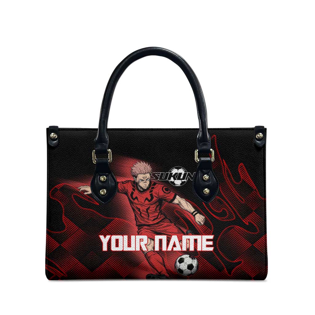 Personalized Sukuna Jujutsu Kaisen Soccer Theme Leather Bag with Powerful Kick Pose and Red Black Plaid Graphic Design - The Mazicc