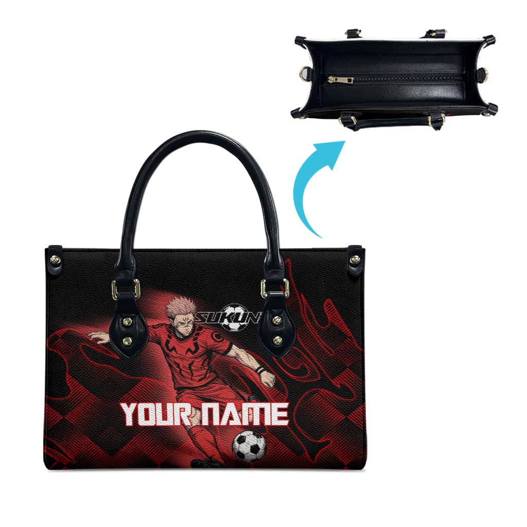 Personalized Sukuna Jujutsu Kaisen Soccer Theme Leather Bag with Powerful Kick Pose and Red Black Plaid Graphic Design - The Mazicc