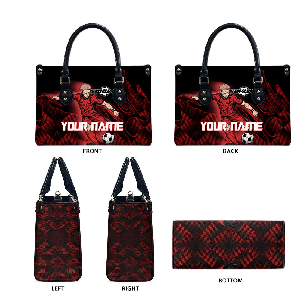 Personalized Sukuna Jujutsu Kaisen Soccer Theme Leather Bag with Powerful Kick Pose and Red Black Plaid Graphic Design - The Mazicc
