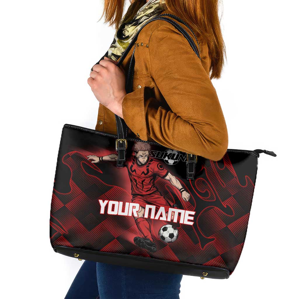 Personalized Sukuna Jujutsu Kaisen Soccer Theme Leather Tote Bag with Powerful Kick Pose and Red Black Plaid Graphic Design - The Mazicc