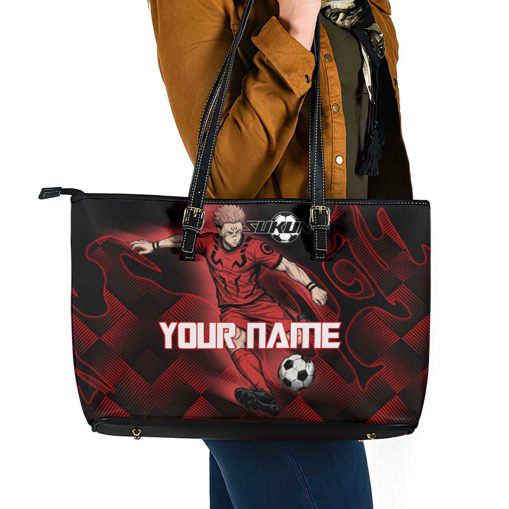 Personalized Sukuna Jujutsu Kaisen Soccer Theme Leather Tote Bag with Powerful Kick Pose and Red Black Plaid Graphic Design - The Mazicc