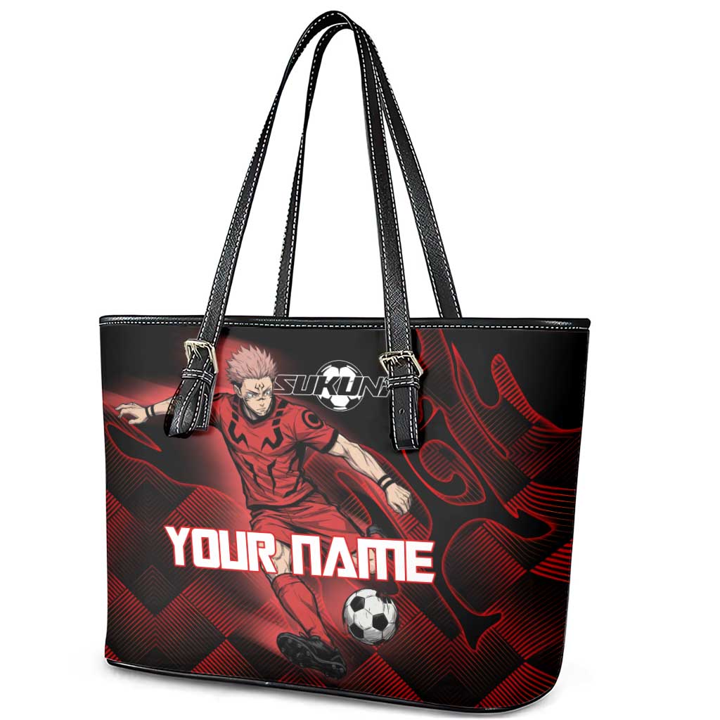 Personalized Sukuna Jujutsu Kaisen Soccer Theme Leather Tote Bag with Powerful Kick Pose and Red Black Plaid Graphic Design - The Mazicc