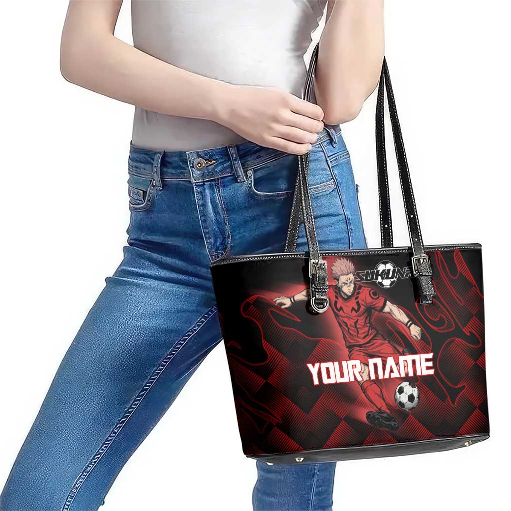 Personalized Sukuna Jujutsu Kaisen Soccer Theme Leather Tote Bag with Powerful Kick Pose and Red Black Plaid Graphic Design - The Mazicc