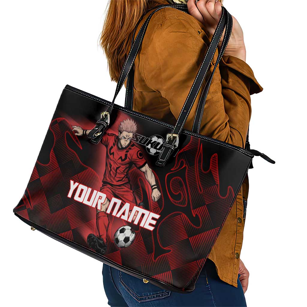 Personalized Sukuna Jujutsu Kaisen Soccer Theme Leather Tote Bag with Powerful Kick Pose and Red Black Plaid Graphic Design - The Mazicc