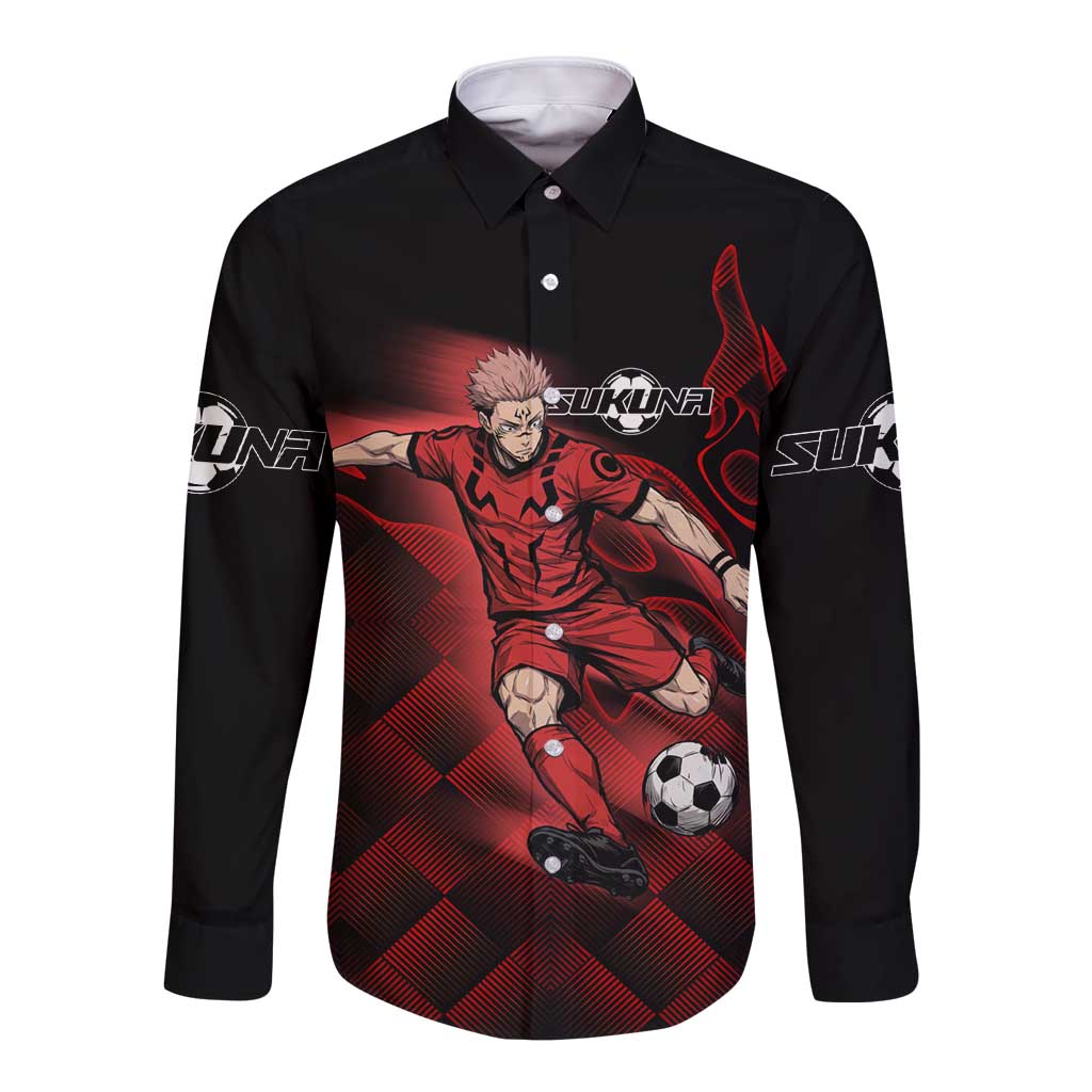 Personalized Sukuna Jujutsu Kaisen Soccer Theme Long Sleeve Button Shirt with Powerful Kick Pose and Red Black Plaid Graphic Design - The Mazicc