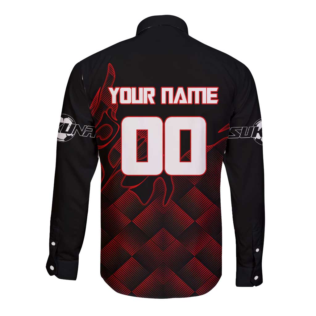 Personalized Sukuna Jujutsu Kaisen Soccer Theme Long Sleeve Button Shirt with Powerful Kick Pose and Red Black Plaid Graphic Design - The Mazicc