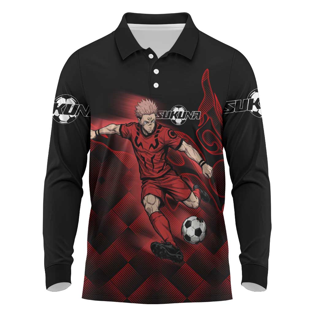 Personalized Sukuna Jujutsu Kaisen Soccer Theme Long Sleeve Polo Shirt with Powerful Kick Pose and Red Black Plaid Graphic Design - The Mazicc