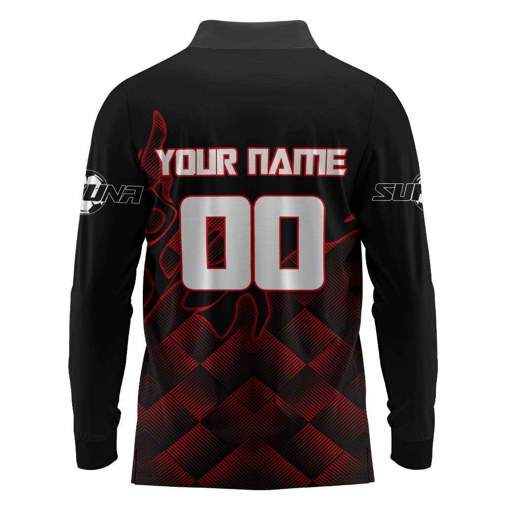 Personalized Sukuna Jujutsu Kaisen Soccer Theme Long Sleeve Polo Shirt with Powerful Kick Pose and Red Black Plaid Graphic Design - The Mazicc