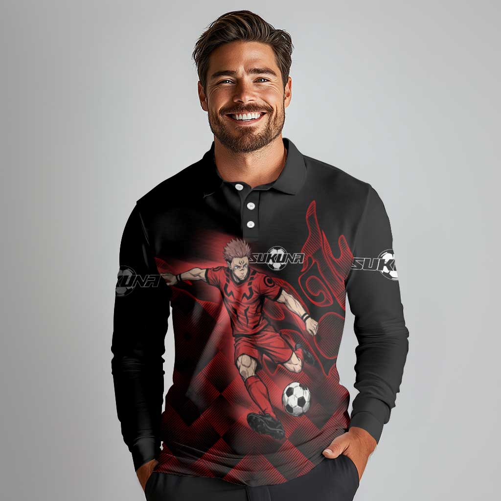 Personalized Sukuna Jujutsu Kaisen Soccer Theme Long Sleeve Polo Shirt with Powerful Kick Pose and Red Black Plaid Graphic Design - The Mazicc