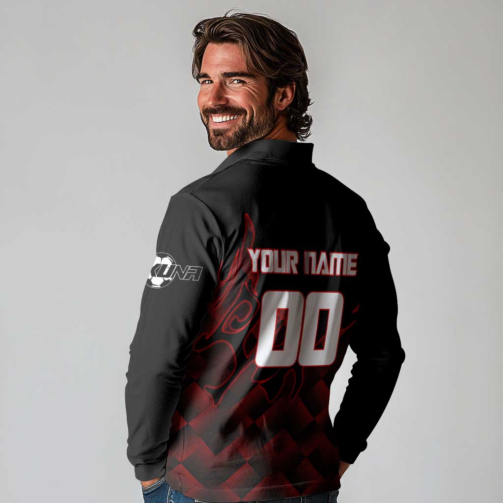 Personalized Sukuna Jujutsu Kaisen Soccer Theme Long Sleeve Polo Shirt with Powerful Kick Pose and Red Black Plaid Graphic Design - The Mazicc