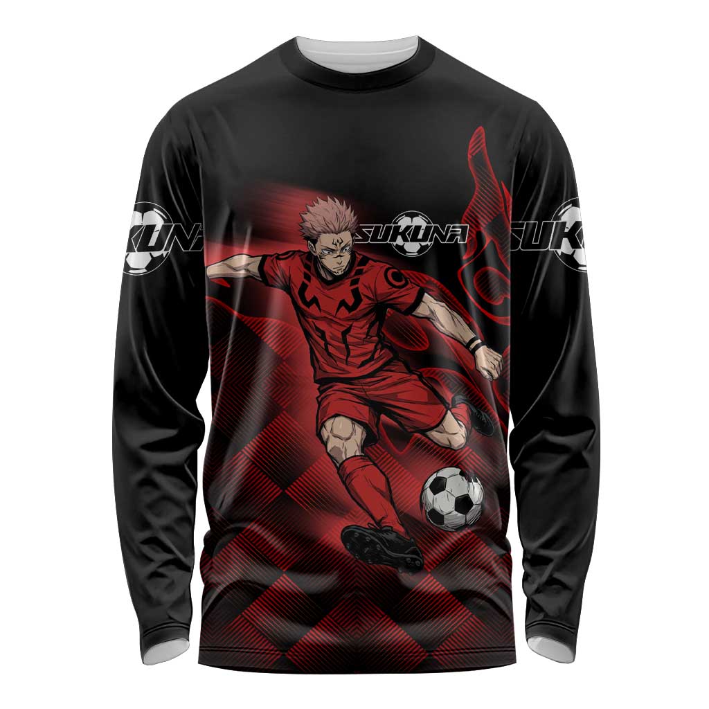 Personalized Sukuna Jujutsu Kaisen Soccer Theme Long Sleeve Shirt with Powerful Kick Pose and Red Black Plaid Graphic Design - The Mazicc