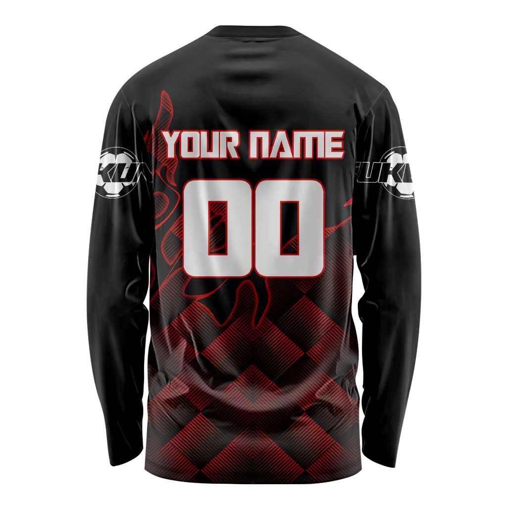 Personalized Sukuna Jujutsu Kaisen Soccer Theme Long Sleeve Shirt with Powerful Kick Pose and Red Black Plaid Graphic Design - The Mazicc