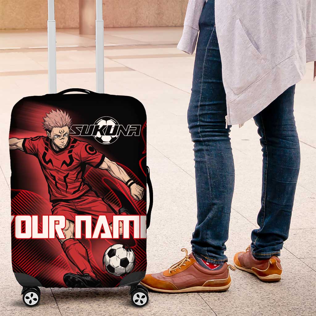 Personalized Sukuna Jujutsu Kaisen Soccer Theme Luggage Cover with Powerful Kick Pose and Red Black Plaid Graphic Design - The Mazicc