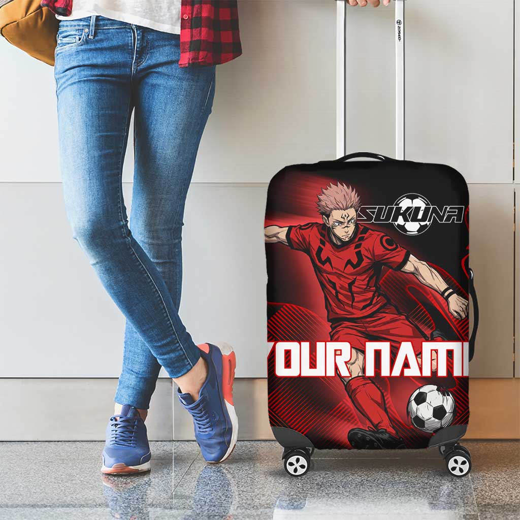 Personalized Sukuna Jujutsu Kaisen Soccer Theme Luggage Cover with Powerful Kick Pose and Red Black Plaid Graphic Design - The Mazicc
