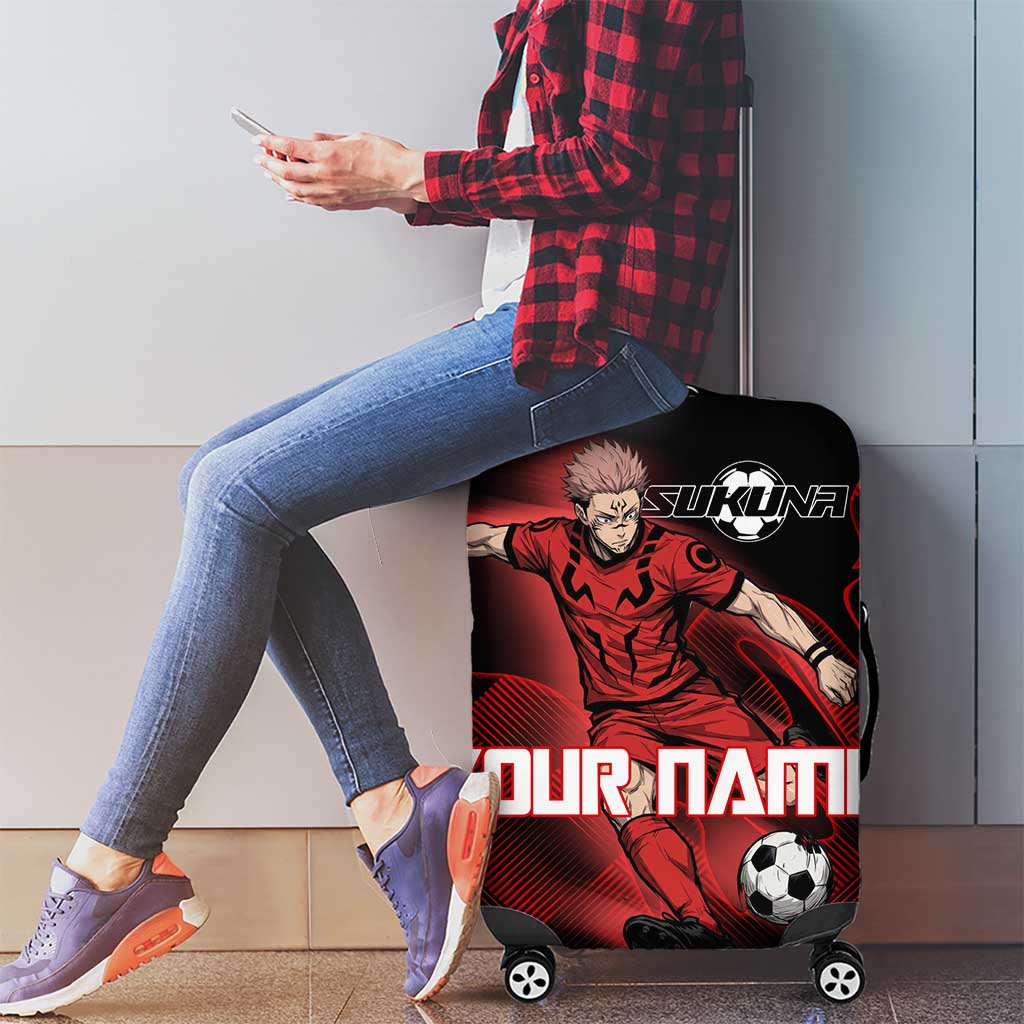 Personalized Sukuna Jujutsu Kaisen Soccer Theme Luggage Cover with Powerful Kick Pose and Red Black Plaid Graphic Design - The Mazicc