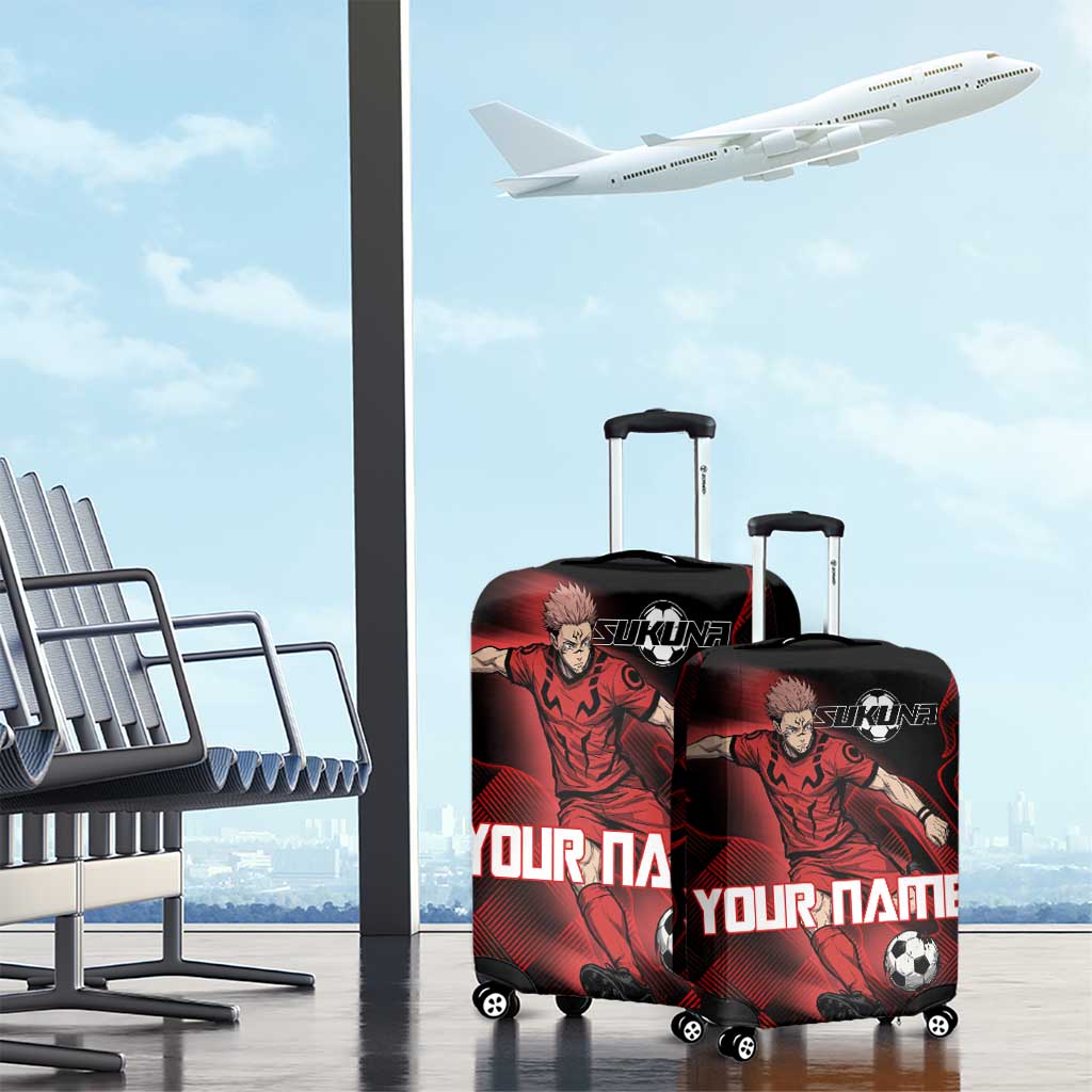 Personalized Sukuna Jujutsu Kaisen Soccer Theme Luggage Cover with Powerful Kick Pose and Red Black Plaid Graphic Design - The Mazicc