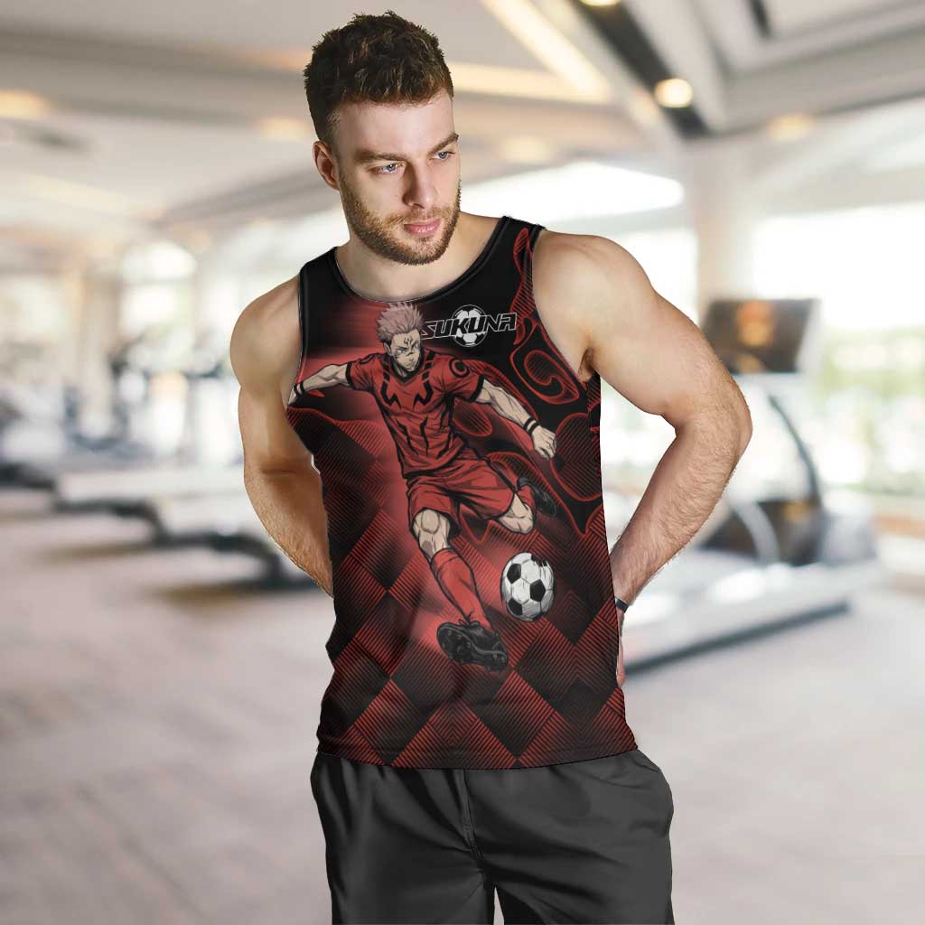 Personalized Sukuna Jujutsu Kaisen Soccer Theme Men Tank Top with Powerful Kick Pose and Red Black Plaid Graphic Design - The Mazicc