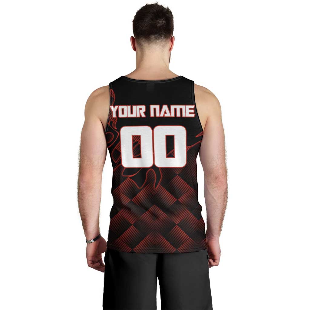 Personalized Sukuna Jujutsu Kaisen Soccer Theme Men Tank Top with Powerful Kick Pose and Red Black Plaid Graphic Design - The Mazicc