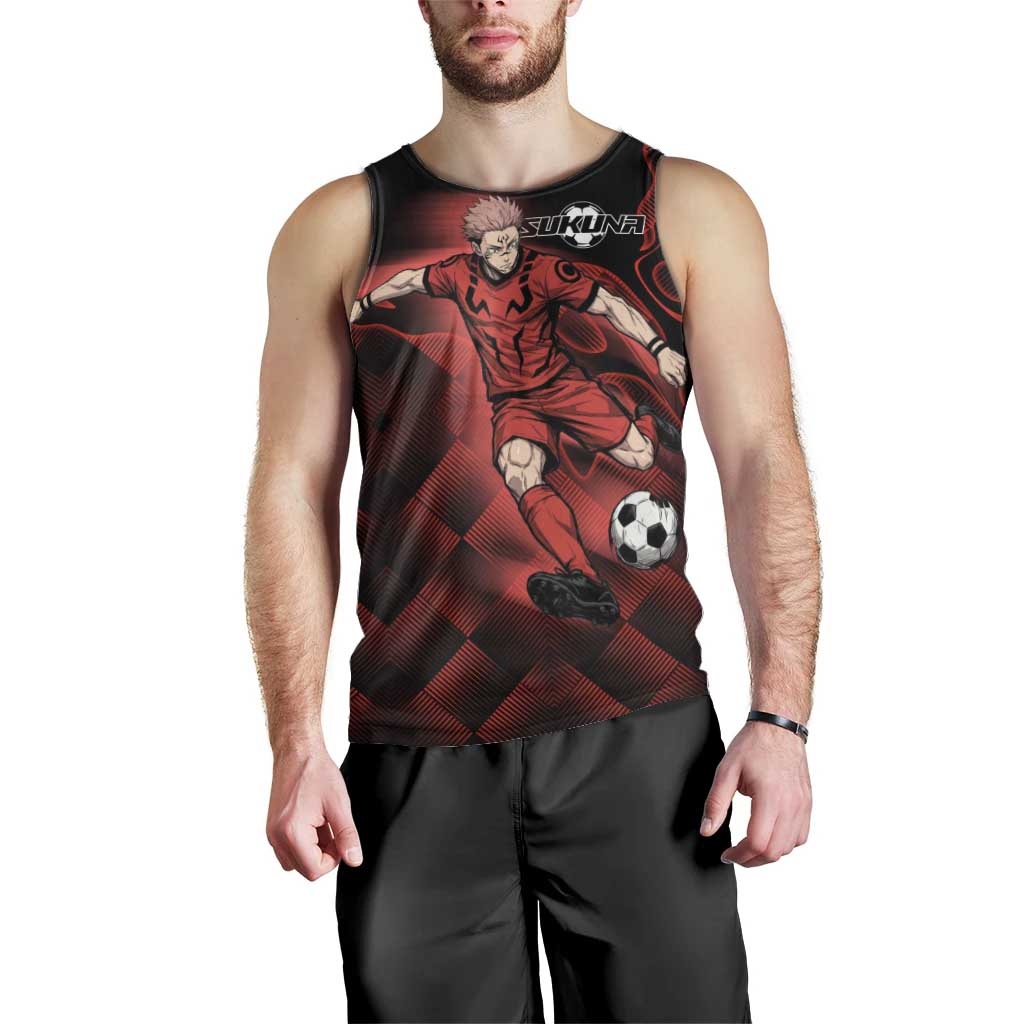 Personalized Sukuna Jujutsu Kaisen Soccer Theme Men Tank Top with Powerful Kick Pose and Red Black Plaid Graphic Design - The Mazicc