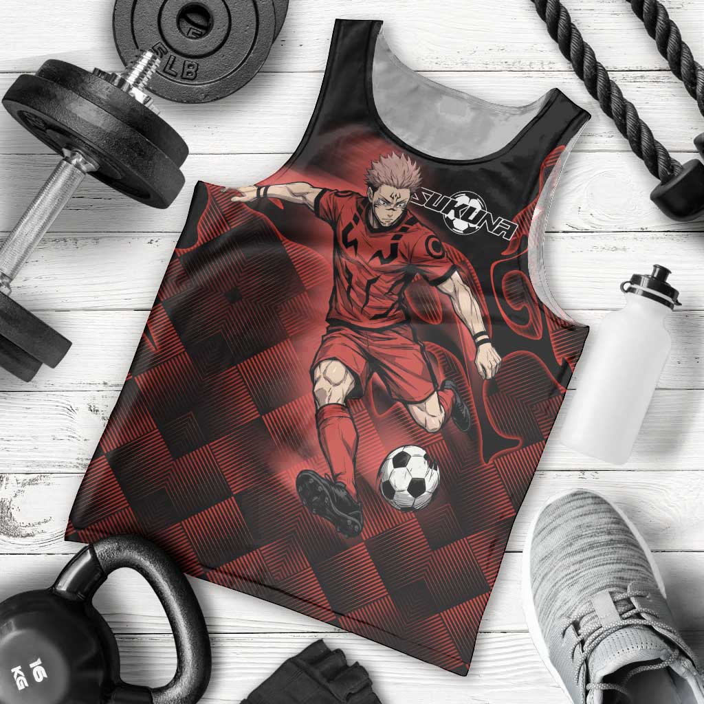 Personalized Sukuna Jujutsu Kaisen Soccer Theme Men Tank Top with Powerful Kick Pose and Red Black Plaid Graphic Design - The Mazicc