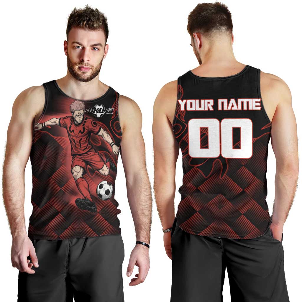 Personalized Sukuna Jujutsu Kaisen Soccer Theme Men Tank Top with Powerful Kick Pose and Red Black Plaid Graphic Design - The Mazicc