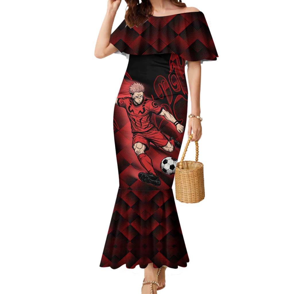Personalized Sukuna Jujutsu Kaisen Soccer Theme Mermaid Dress with Powerful Kick Pose and Red Black Plaid Graphic Design - The Mazicc
