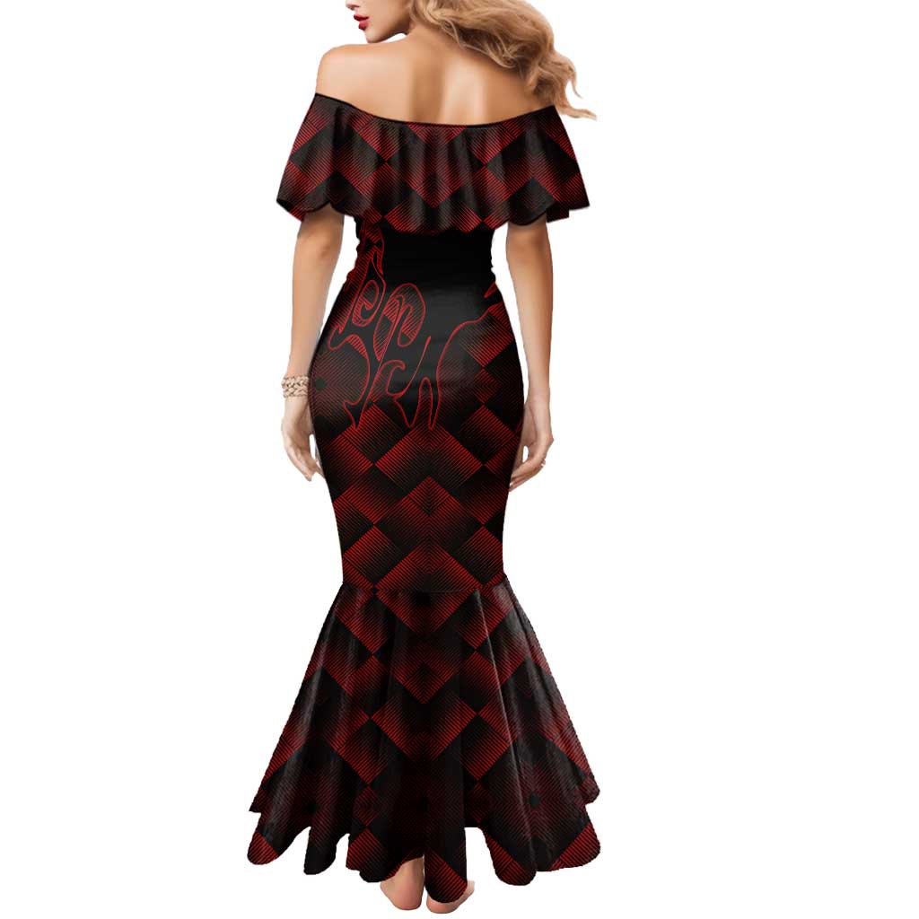 Personalized Sukuna Jujutsu Kaisen Soccer Theme Mermaid Dress with Powerful Kick Pose and Red Black Plaid Graphic Design - The Mazicc
