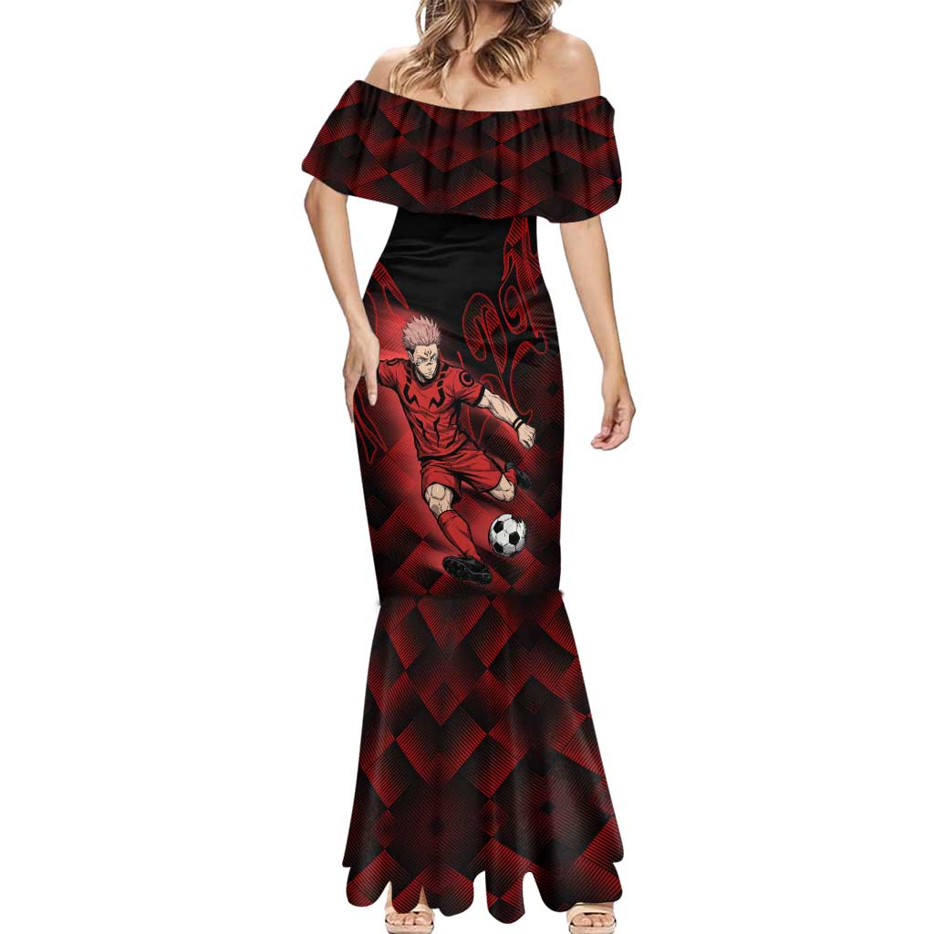 Personalized Sukuna Jujutsu Kaisen Soccer Theme Mermaid Dress with Powerful Kick Pose and Red Black Plaid Graphic Design - The Mazicc