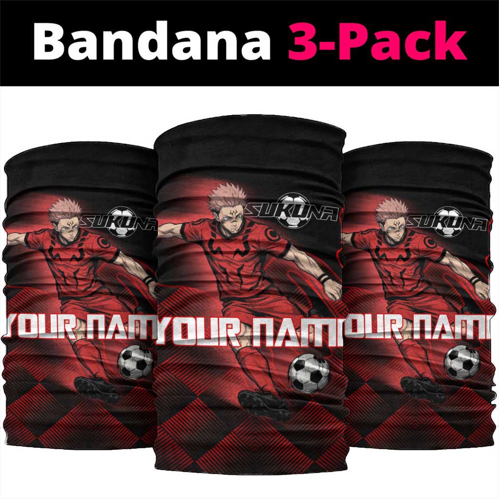 Personalized Sukuna Jujutsu Kaisen Soccer Theme Neck Gaiter with Powerful Kick Pose and Red Black Plaid Graphic Design - The Mazicc