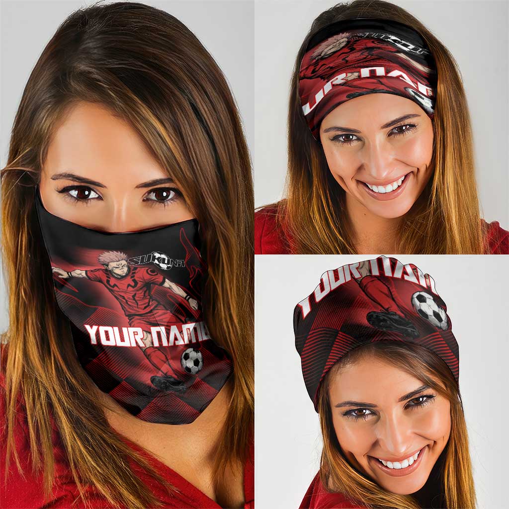 Personalized Sukuna Jujutsu Kaisen Soccer Theme Neck Gaiter with Powerful Kick Pose and Red Black Plaid Graphic Design - The Mazicc