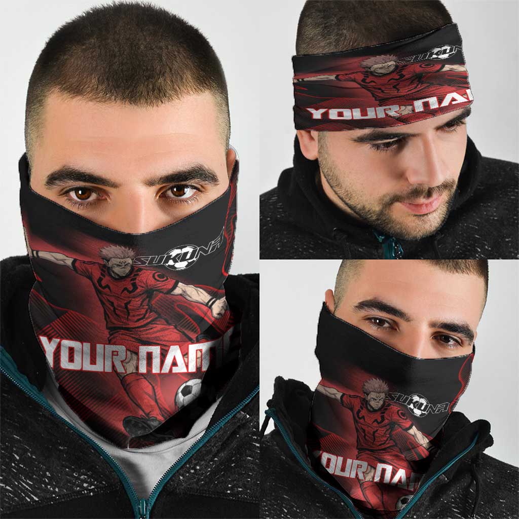 Personalized Sukuna Jujutsu Kaisen Soccer Theme Neck Gaiter with Powerful Kick Pose and Red Black Plaid Graphic Design - The Mazicc
