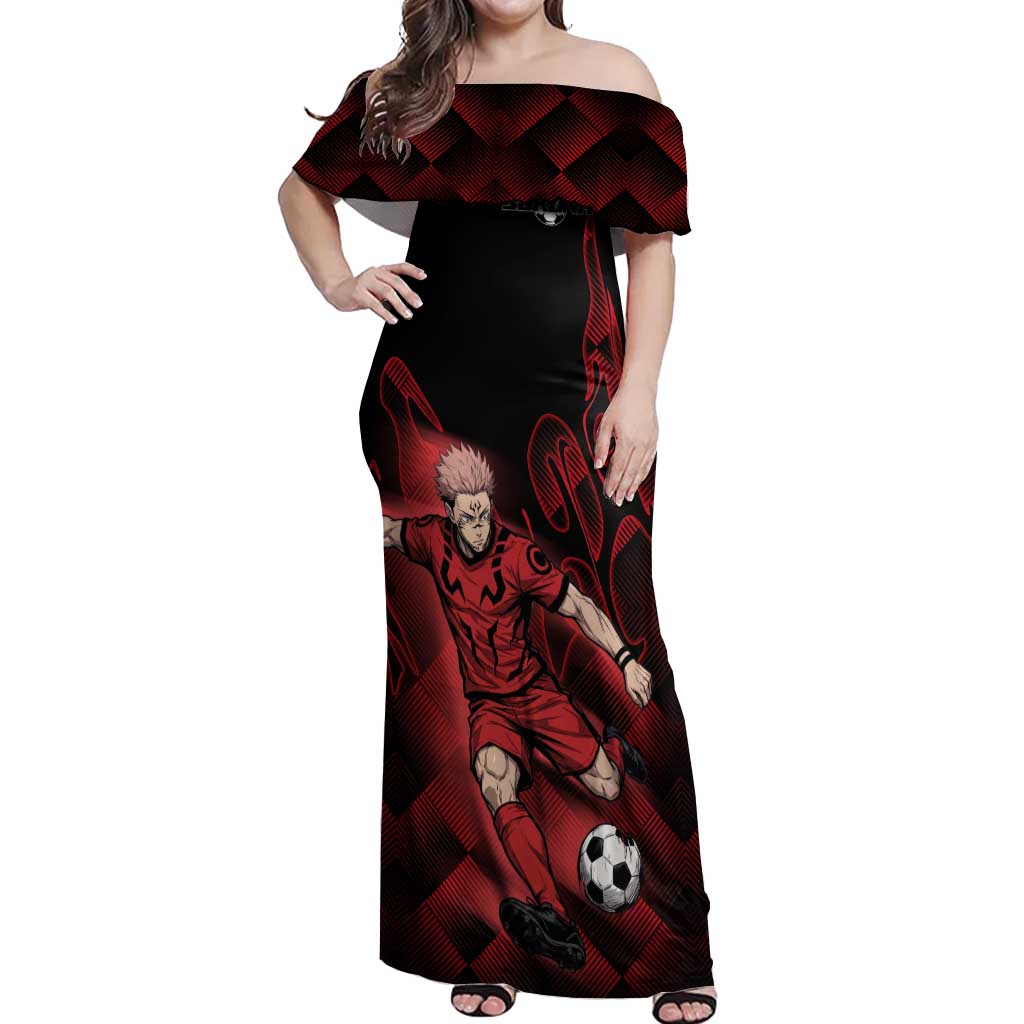 Personalized Sukuna Jujutsu Kaisen Soccer Theme Off Shoulder Maxi Dress with Powerful Kick Pose and Red Black Plaid Graphic Design - The Mazicc