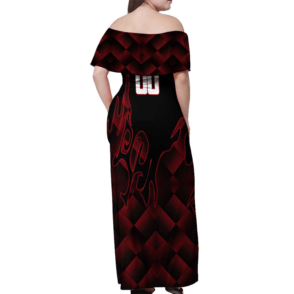 Personalized Sukuna Jujutsu Kaisen Soccer Theme Off Shoulder Maxi Dress with Powerful Kick Pose and Red Black Plaid Graphic Design - The Mazicc