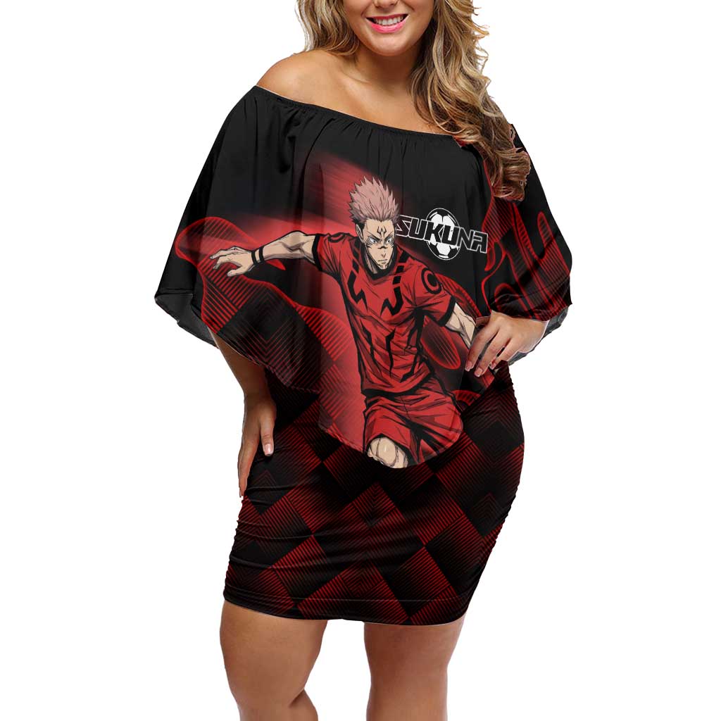 Personalized Sukuna Jujutsu Kaisen Soccer Theme Off Shoulder Short Dress with Powerful Kick Pose and Red Black Plaid Graphic Design - The Mazicc