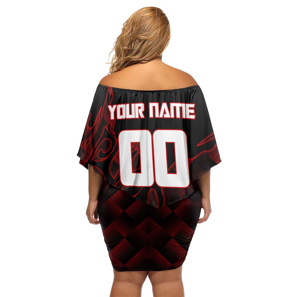Personalized Sukuna Jujutsu Kaisen Soccer Theme Off Shoulder Short Dress with Powerful Kick Pose and Red Black Plaid Graphic Design - The Mazicc