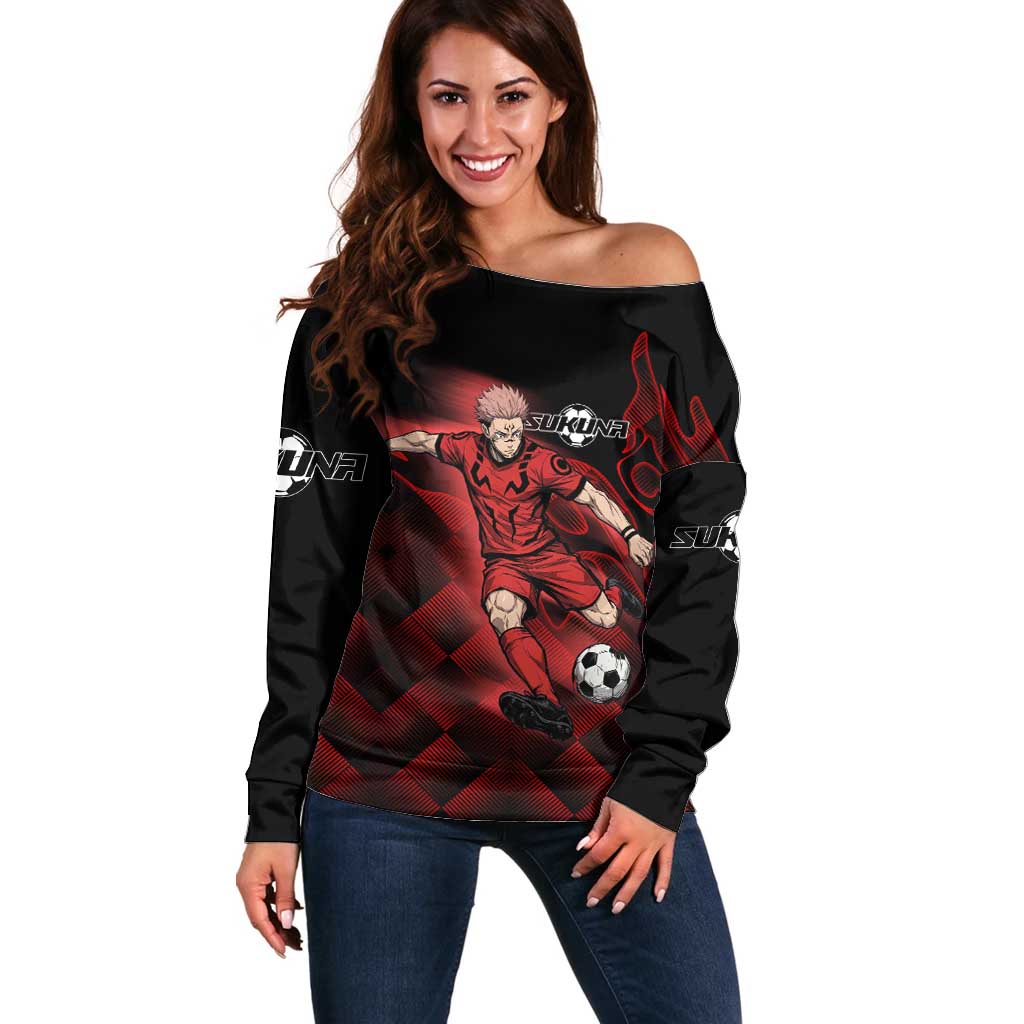 Personalized Sukuna Jujutsu Kaisen Soccer Theme Off Shoulder Sweater with Powerful Kick Pose and Red Black Plaid Graphic Design - The Mazicc