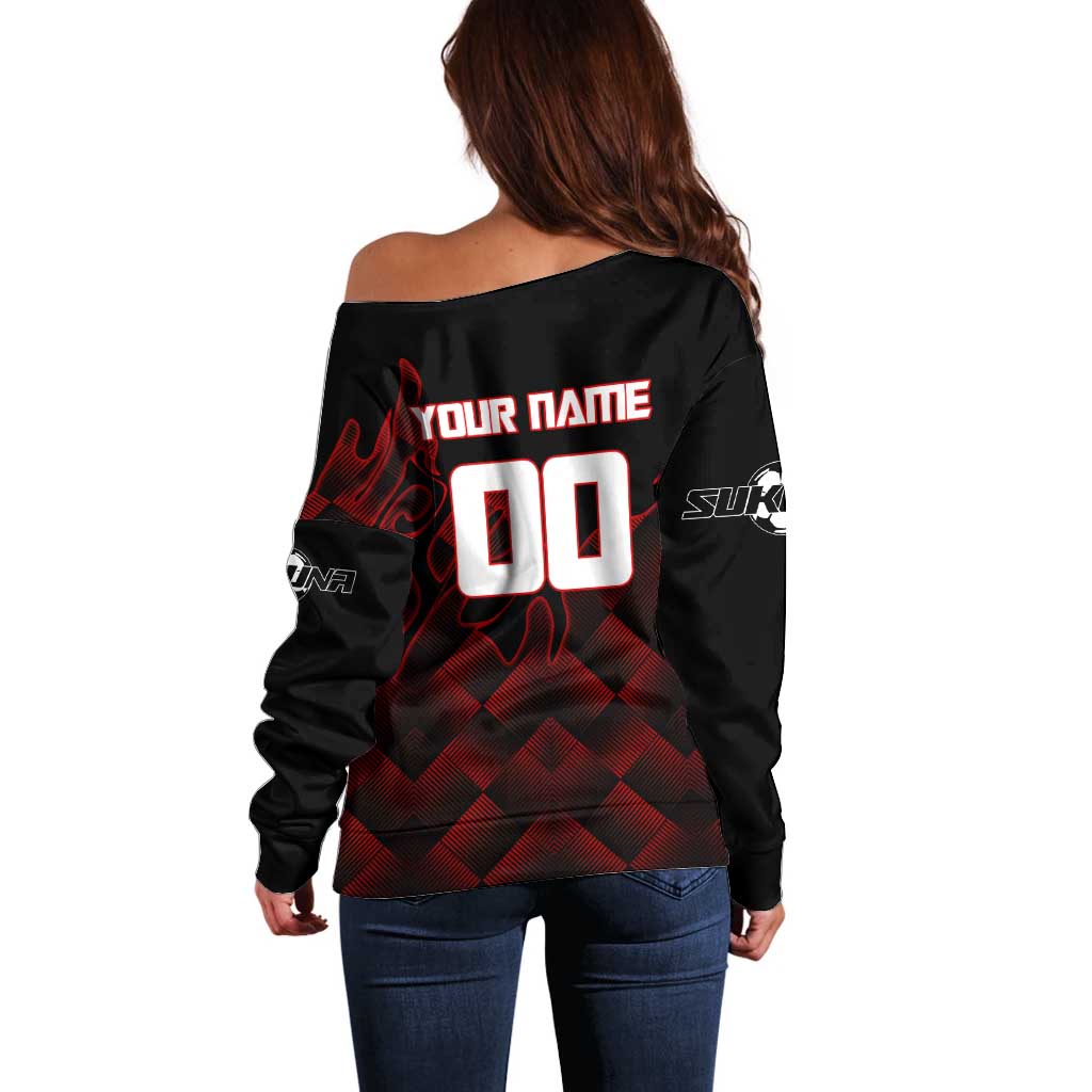Personalized Sukuna Jujutsu Kaisen Soccer Theme Off Shoulder Sweater with Powerful Kick Pose and Red Black Plaid Graphic Design - The Mazicc