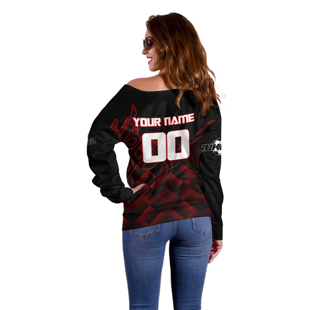Personalized Sukuna Jujutsu Kaisen Soccer Theme Off Shoulder Sweater with Powerful Kick Pose and Red Black Plaid Graphic Design - The Mazicc