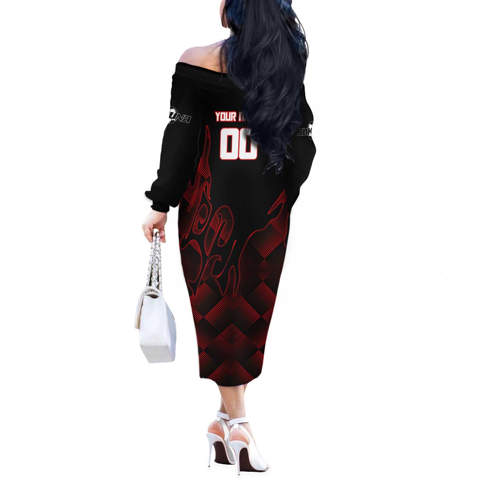 Personalized Sukuna Jujutsu Kaisen Soccer Theme Off The Shoulder Long Sleeve Dress with Powerful Kick Pose and Red Black Plaid Graphic Design - The Mazicc