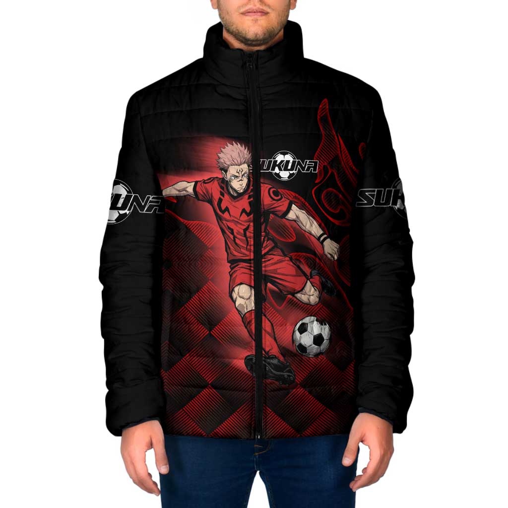 Personalized Sukuna Jujutsu Kaisen Soccer Theme Padded Jacket with Powerful Kick Pose and Red Black Plaid Graphic Design - The Mazicc