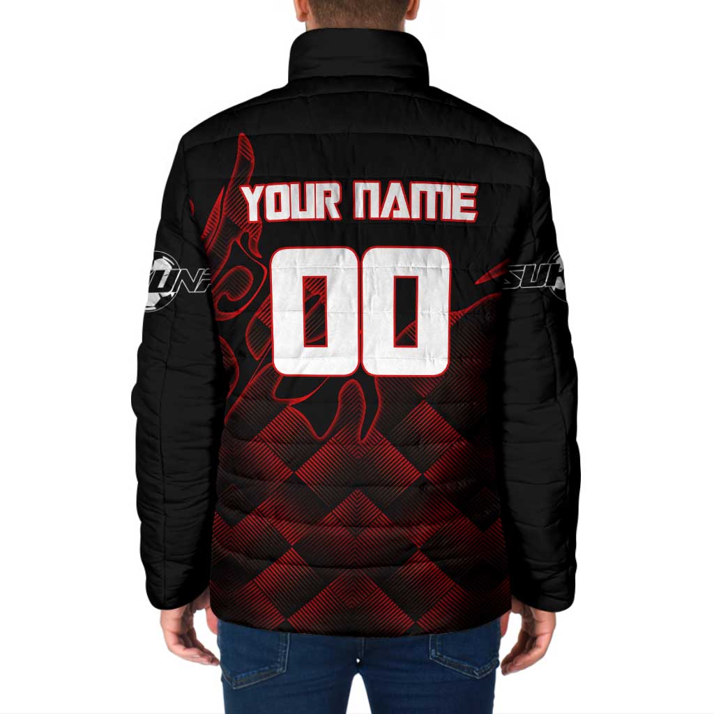 Personalized Sukuna Jujutsu Kaisen Soccer Theme Padded Jacket with Powerful Kick Pose and Red Black Plaid Graphic Design - The Mazicc
